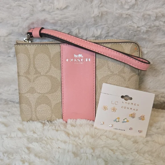 Coach Beige and Pink Wristlet With Lauren Conrad Nwt 5 Pair Of Earrings - Picture 1 of 11